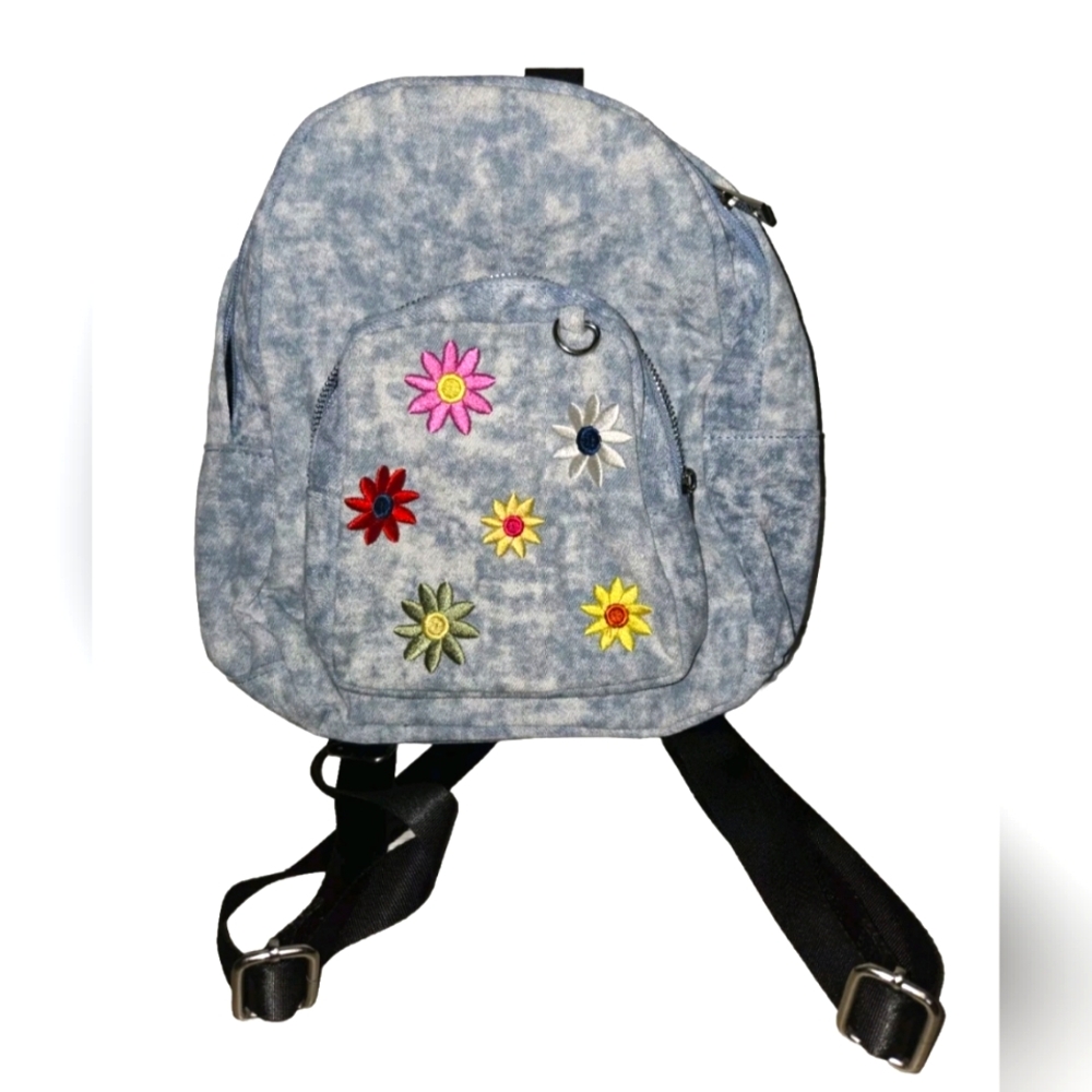 Mini Backpack Blue Denim with Embroidered Flowers